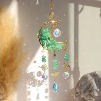 Moon-shaped K9 crystal car pendant with 420mm metal chain and 100mm diameter reflective centre in blue, green, pink, purple, or white