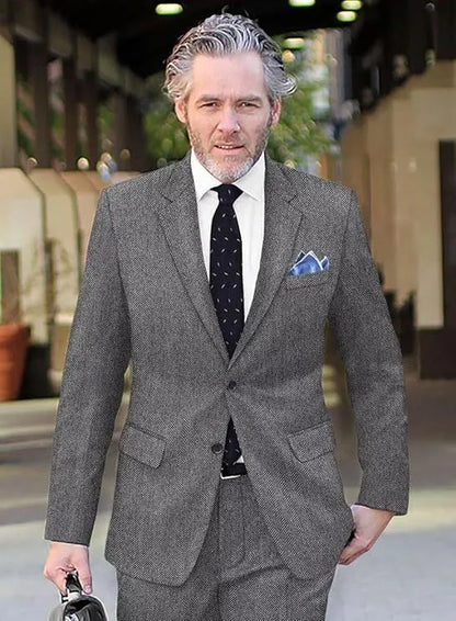 Men's single-breasted herringbone suit jacket, slim fit, brown or grey, sizes XS to 6XL