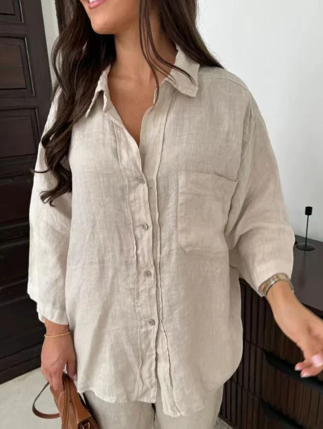 Stylish polyester wide-leg pants and long-sleeve shirt set in a variety of colors including beige, black, orange red, army green, and khaki