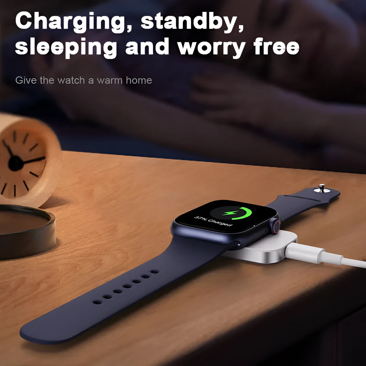 Compact black and white 3-in-1 magnetic wireless charger with integrated cables, shown next to a smartphone for scale.