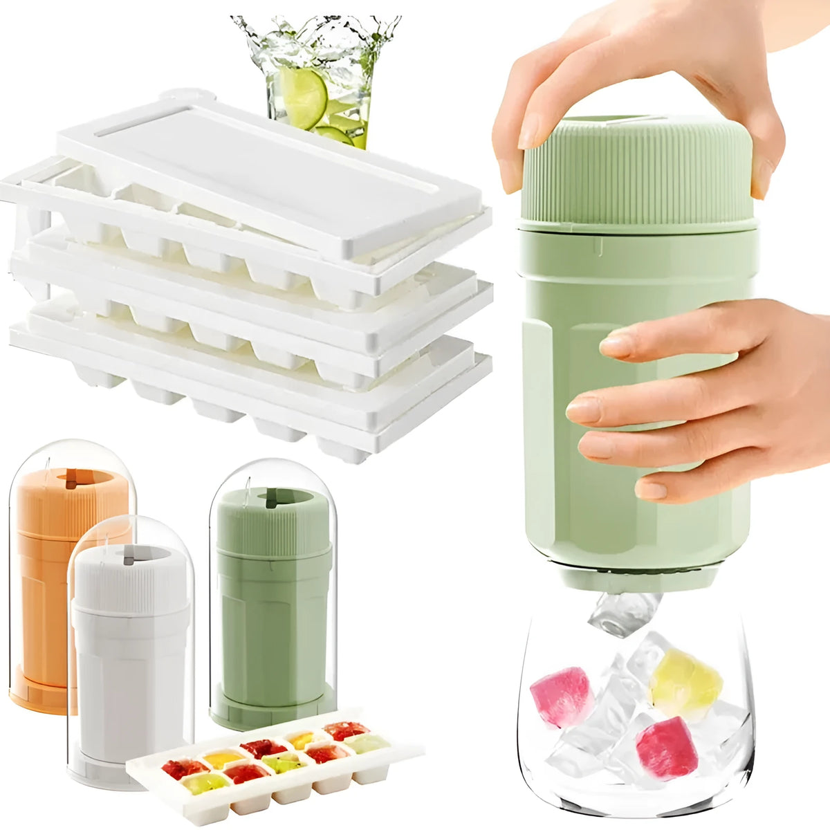 Twist-release ice cube tray with sealing lid in green, peach, or white colour options
