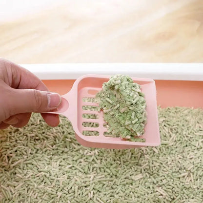 Plastic cat litter scoop in blue on a white background, showing handle and perforated scoop area.