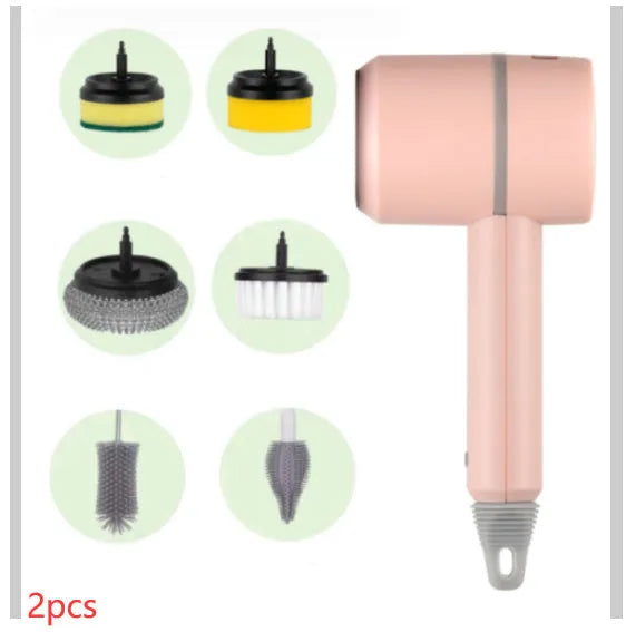 Electric cleaning brush with plastic housing, three brush heads, and 1200mA battery, shown in white, green, or pink
