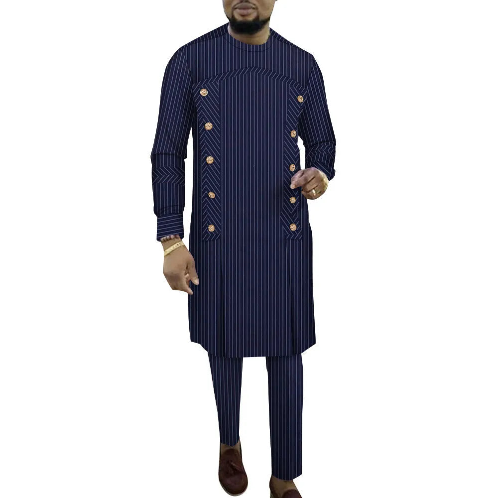 Cotton African striped men's long sleeve top and trousers two-piece loungewear set