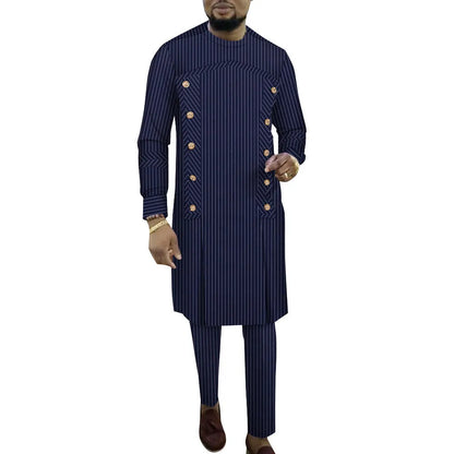Cotton African striped men's long sleeve top and trousers two-piece loungewear set