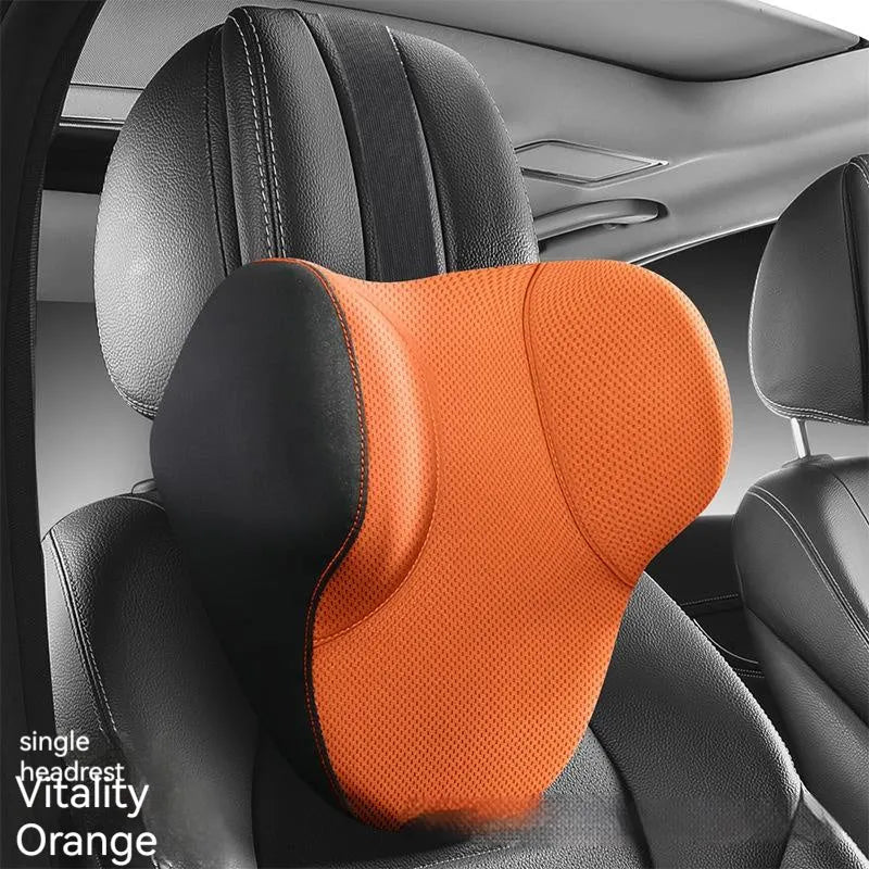 Memory foam car lumbar support pillow and matching headrest in knitted fabric with latex filler
