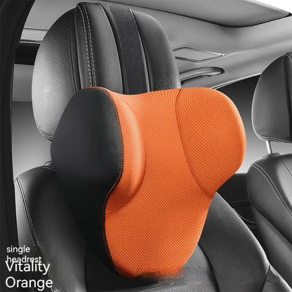 Memory foam car lumbar support pillow and matching headrest in knitted fabric with latex filler