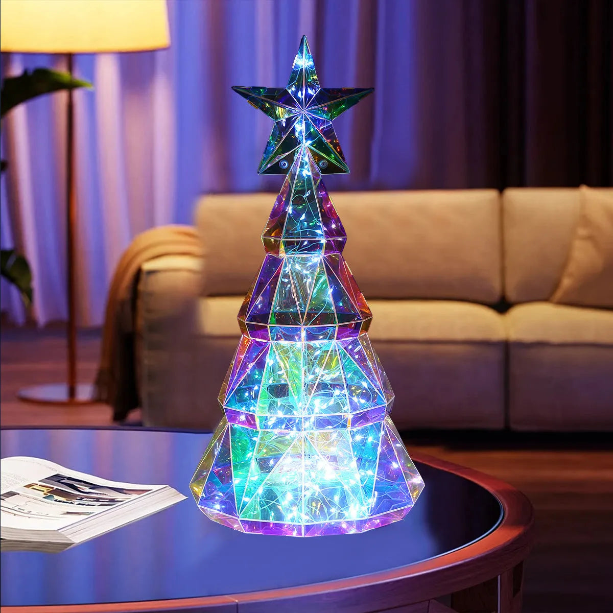 Colourful cartoon-style LED Christmas tree light on a table, showing its 20cm height and PET plastic construction.