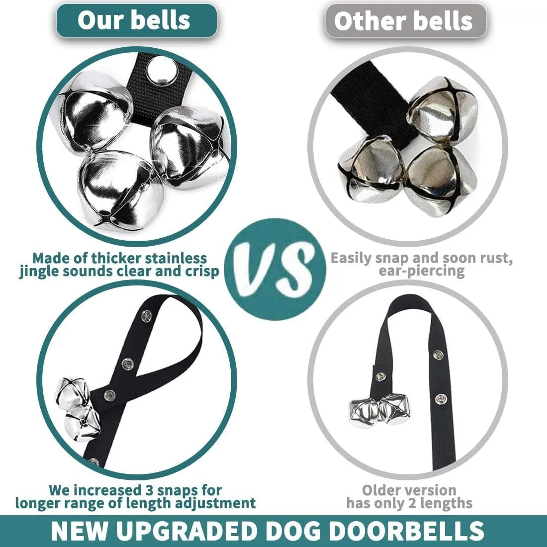 Adjustable-length dog training doorbell with large silver metal bells on a heavy-duty nylon leash