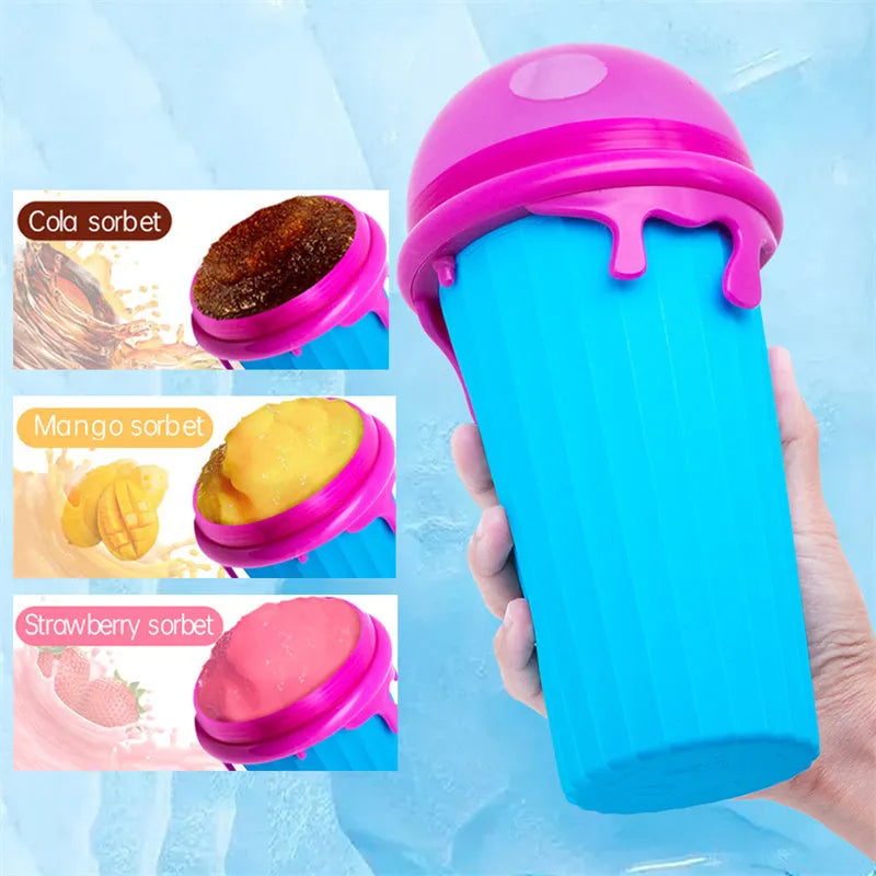 Blue 500ml slushy maker cup with squeeze bottle design for quick-frozen smoothies and homemade ice cream