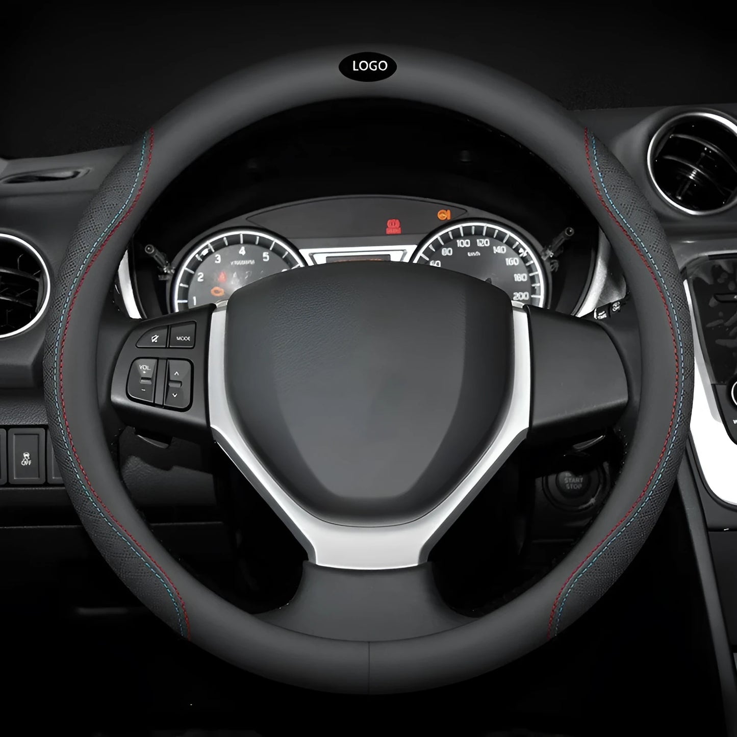 Black universal car steering wheel cover with a Napa leather texture and a two-colour line design, showing a 38cm diameter.