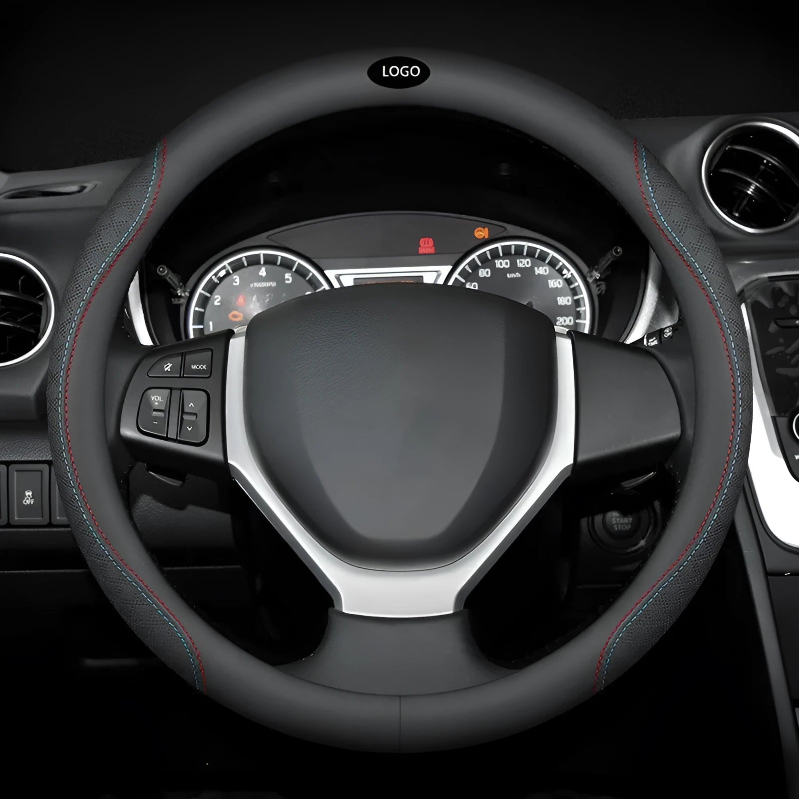 Black universal car steering wheel cover with a Napa leather texture and a two-colour line design, showing a 38cm diameter.