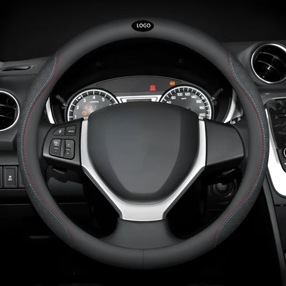 Black universal car steering wheel cover with a Napa leather texture and a two-colour line design, showing a 38cm diameter.