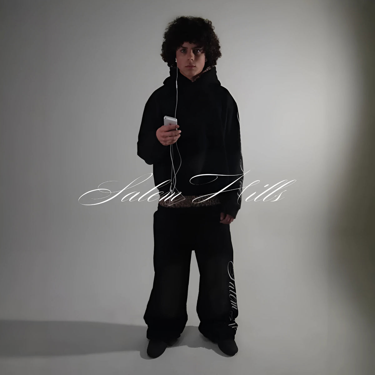 Men's loose fit punk print long sleeve hoodie suit with trousers, fleece-lined.