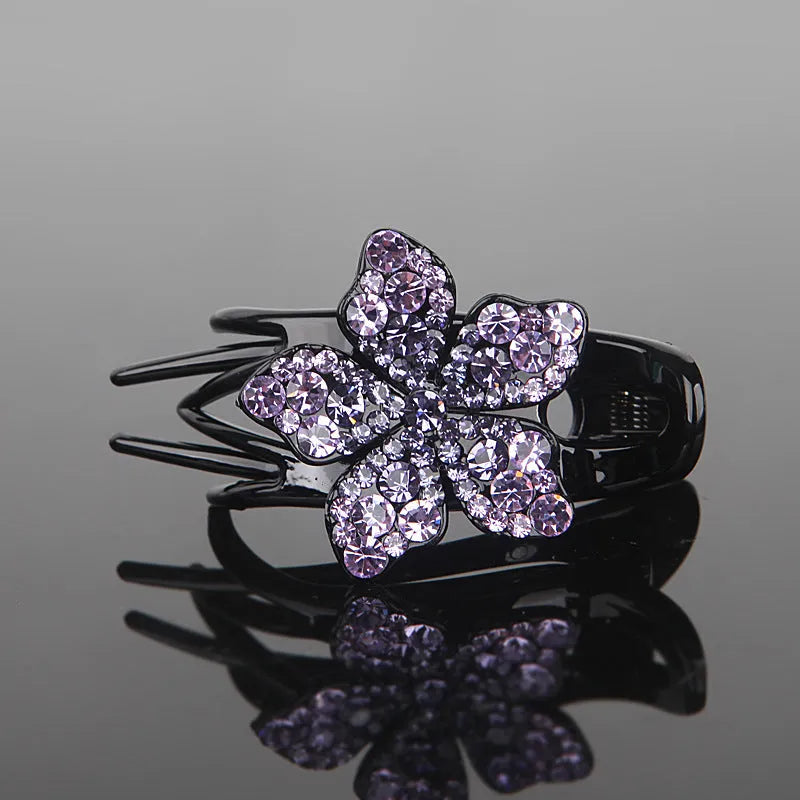 Rhinestone flower three-jaw clamp hair barrette in blue black grey for back-head styling