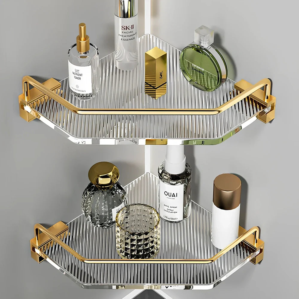 Acrylic bathroom shelving unit with space aluminium frame in gold or silver finish