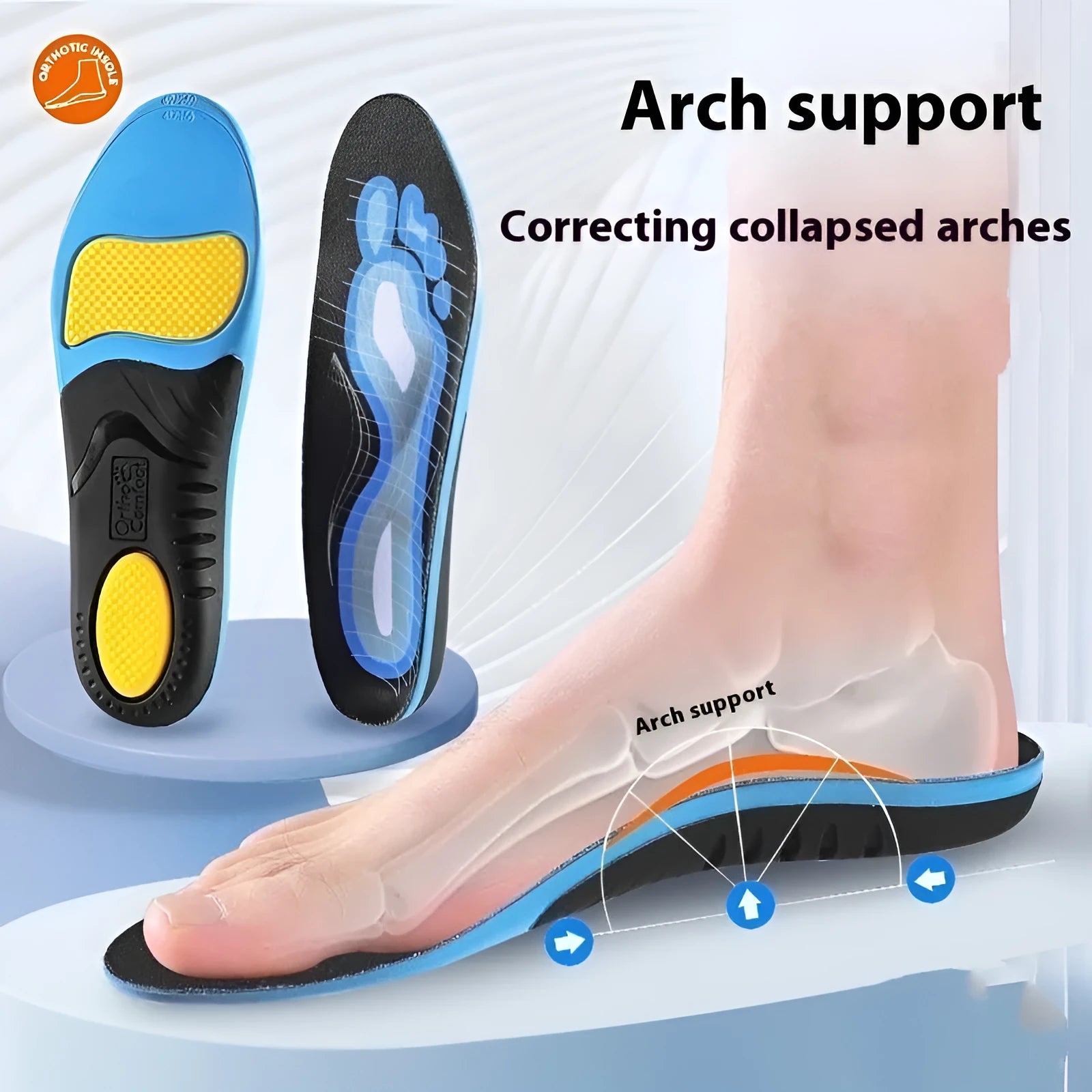 Blue and green flat foot correction insoles with PU construction for arch support