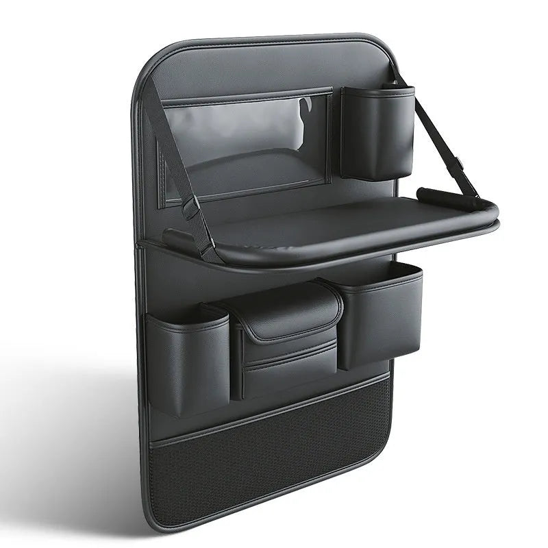 Leather car seat hanging storage bag with a fold-out dining table in black colour