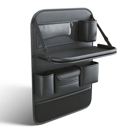 Leather car seat hanging storage bag with a fold-out dining table in black colour