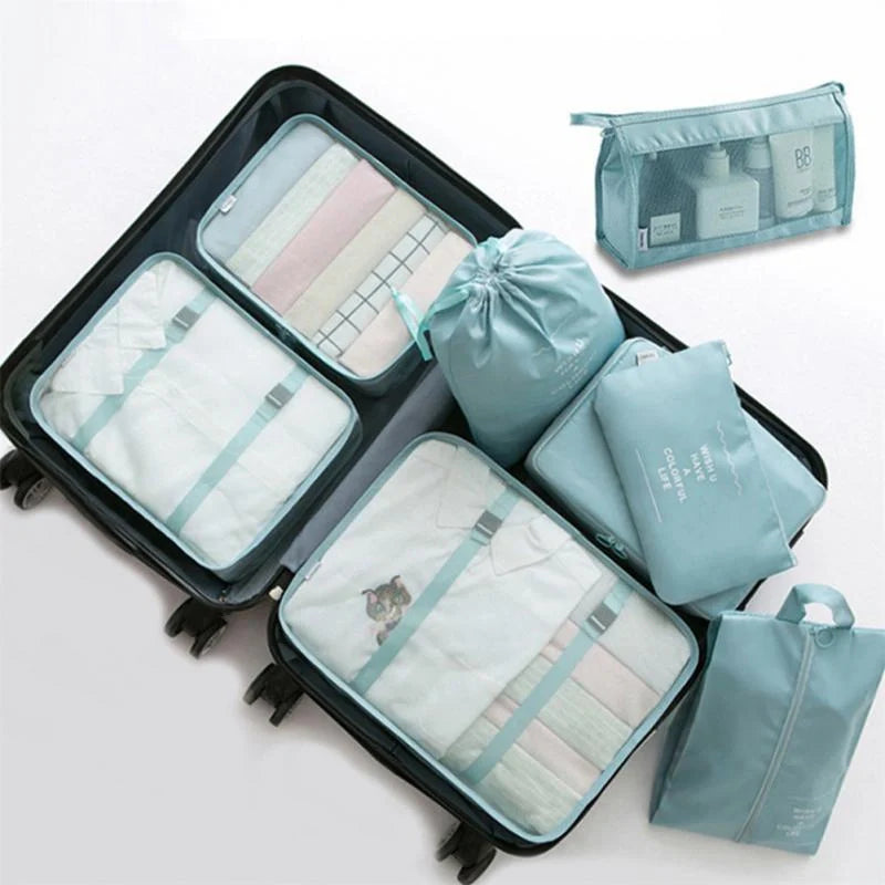8-piece set of travel packing organisers in various colours for efficient luggage packing