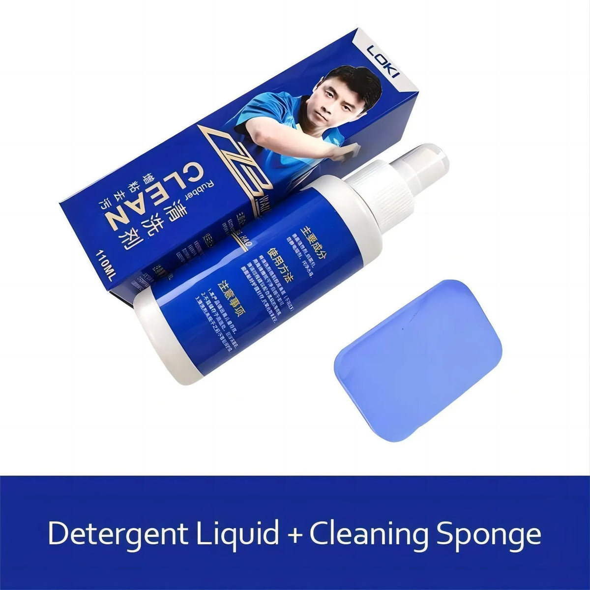110ml bottle of table tennis rubber cleaning liquid with a white sponge applicator.