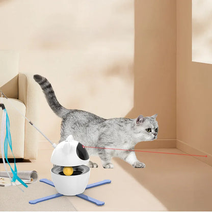 White automatic interactive cat toy with elastic rope on flexible stick for indoor feline play