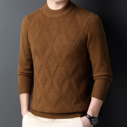 Men's thick winter pullover sweater with diamond jacquard pattern in a light camel colour.