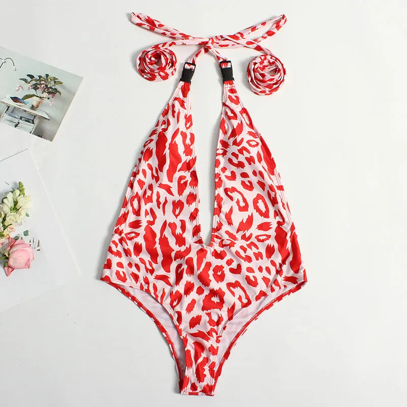 Women's leopard print bandage one-piece swimsuit with backless design for swimming