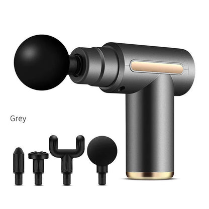 Black electric muscle massage gun with four different coloured massage heads on a grey background.