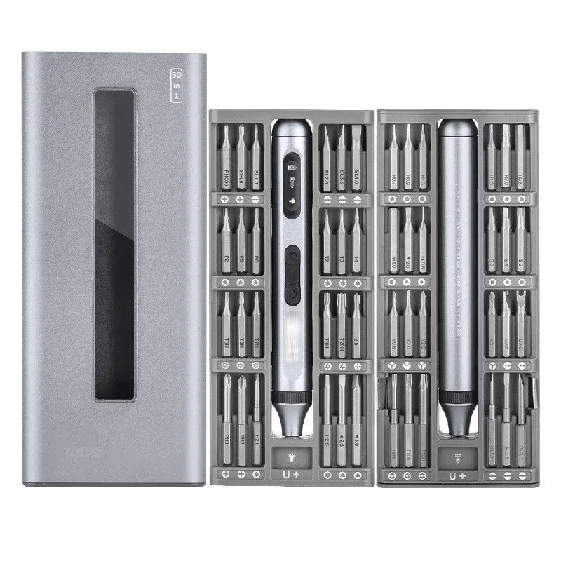 Aluminium-handle precision electric screwdriver showing compact design and charging port.
