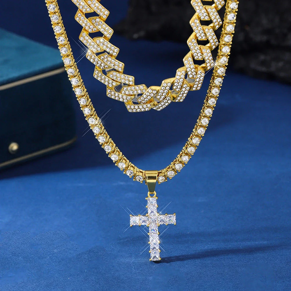 Zircon Cross Pendant Necklace with Cuban Chain in gold and silver options