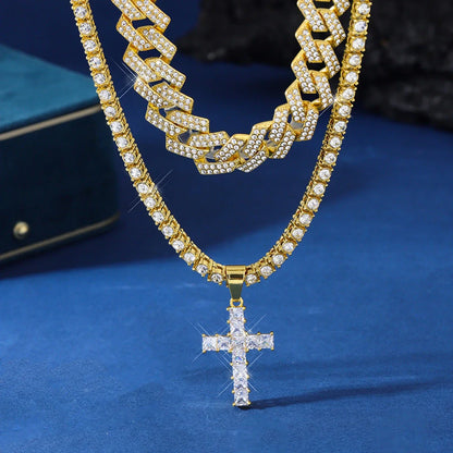 Zircon Cross Pendant Necklace with Cuban Chain in gold and silver options