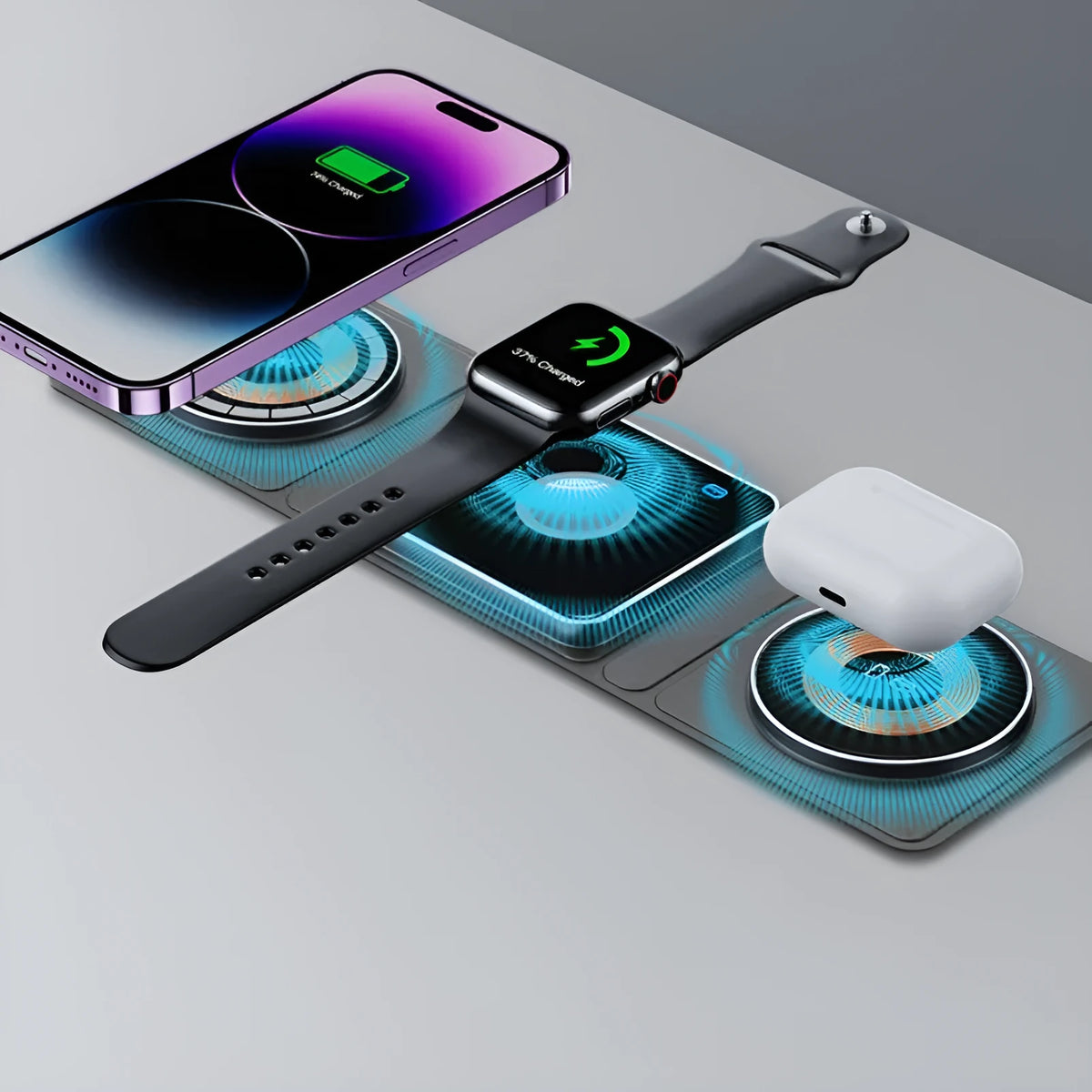 Transparent acrylic Magsafe magnetic wireless charging stand with black accents for three-device charging