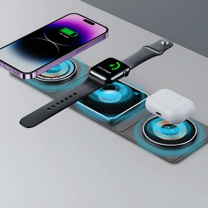 Transparent acrylic Magsafe magnetic wireless charging stand with black accents for three-device charging