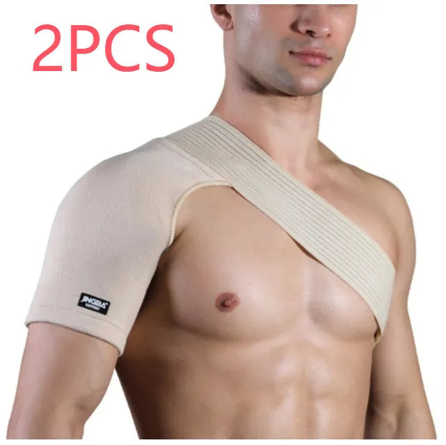 Adjustable skin-colour breathable shoulder support strap for sports like weightlifting and cycling.