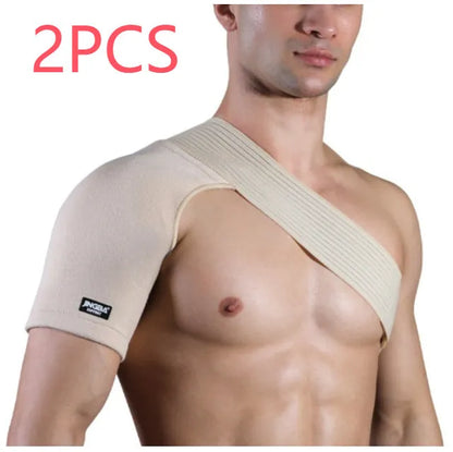 Adjustable skin-colour breathable shoulder support strap for sports like weightlifting and cycling.