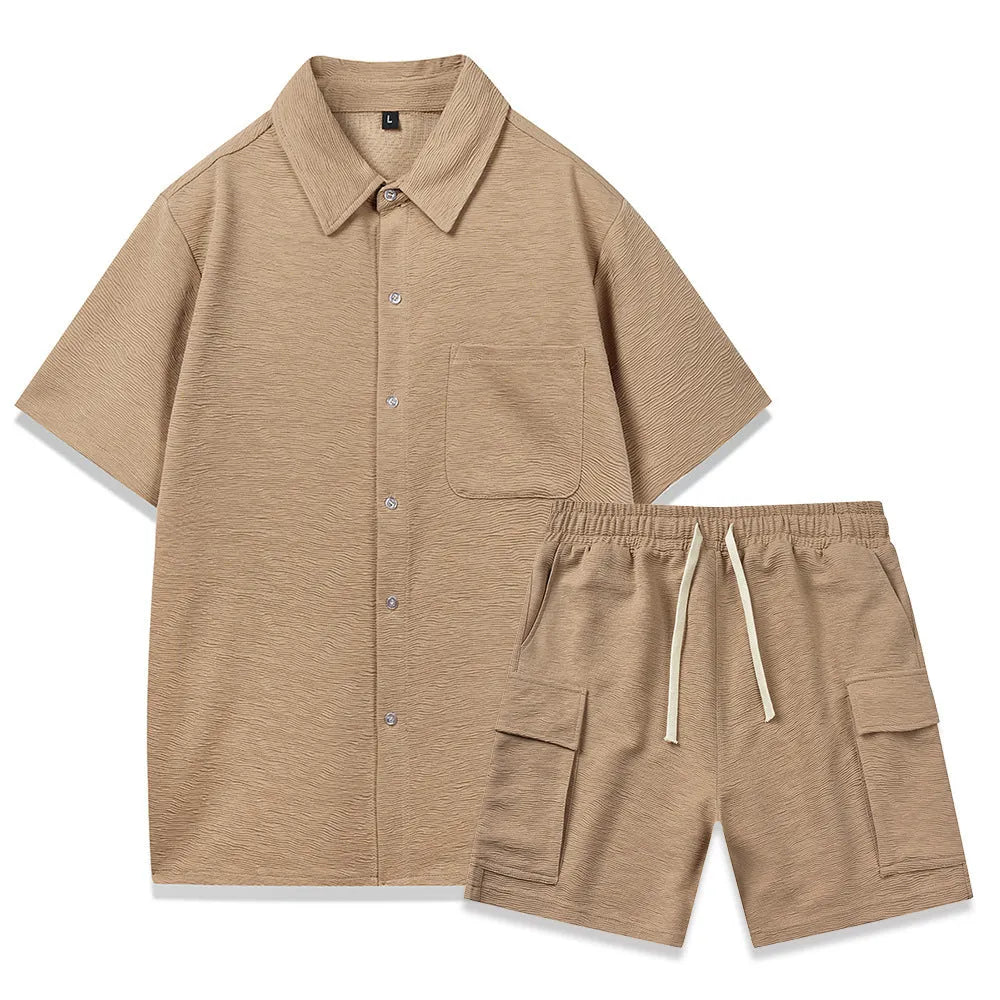 Women's elastic waist shorts set in beige, showing short-sleeve top and matching shorts.