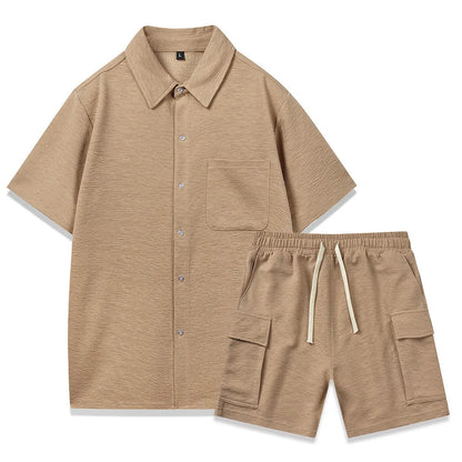 Women's elastic waist shorts set in beige, showing short-sleeve top and matching shorts.
