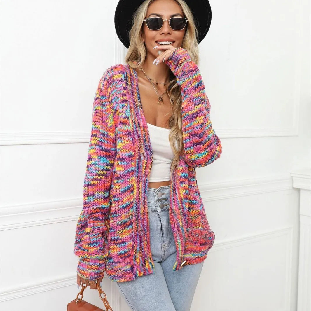 Rose Red rainbow dyed striped short cardigan knitted coat with loose fit on model.