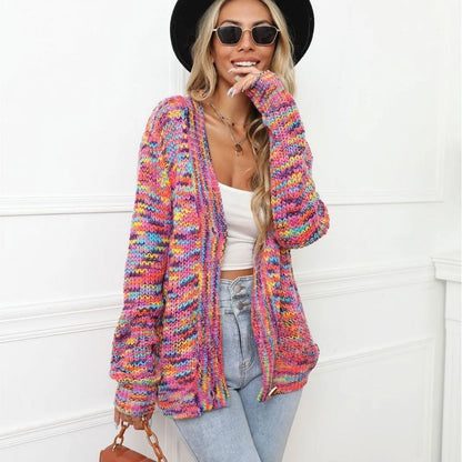 Rose Red rainbow dyed striped short cardigan knitted coat with loose fit on model.