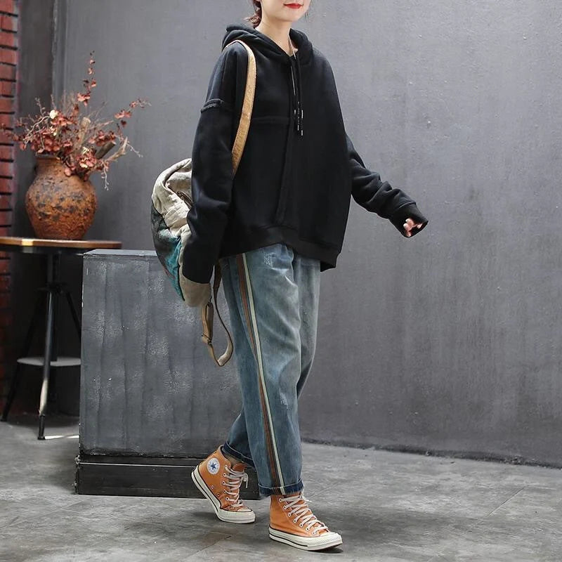 Navy blue cotton patchwork jeans with side stripes, Japan and Korea leisure style