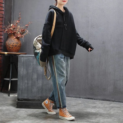 Navy blue cotton patchwork jeans with side stripes, Japan and Korea leisure style