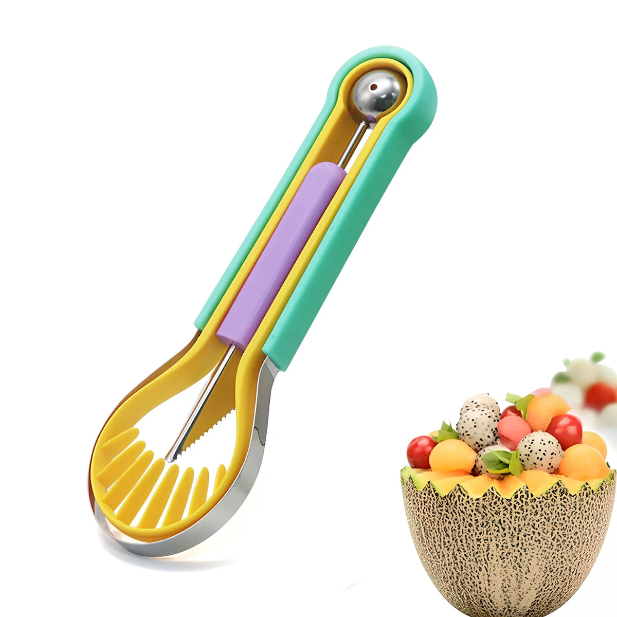 Stackable fruit tool set showing melon baller, V-shaped carver, and dual scoops in 24cm compact design