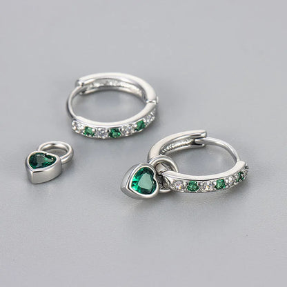 Women's fashion earrings with heart-shaped eardrops, diamond-treated gemstones in gold or white gold plating, approximately 2.5 cm long