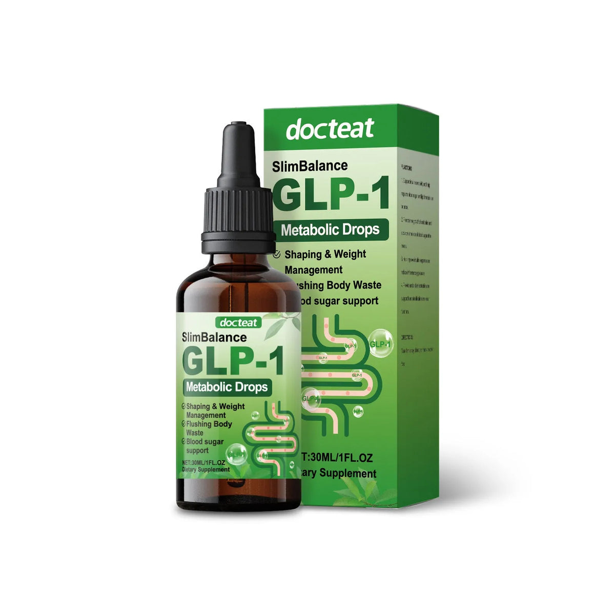 30ml bottle of Balanced Intestinal Dietary Supplements liquid with a dropper.