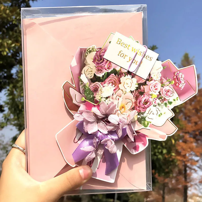 Handmade 3D butterfly greeting card with stand-up artificial flowers on coated paper, 16x10.5cm