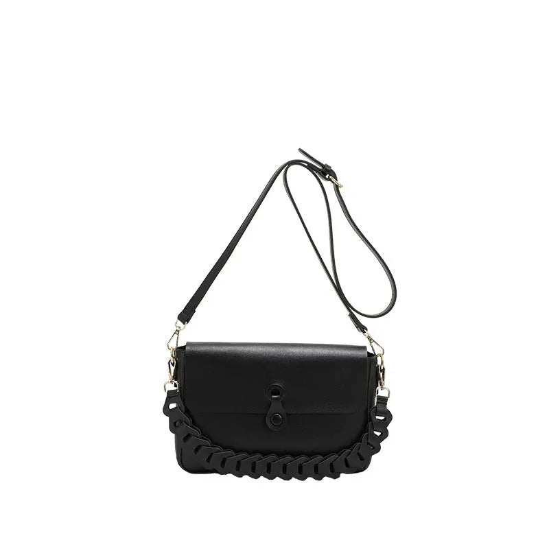 Women's PU leather shoulder bag with woven chain strap, medium square shape, 28cm width, 17cm height, in black