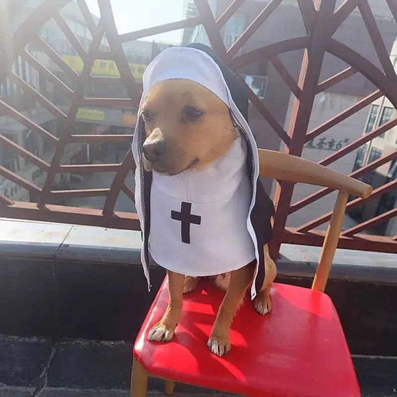 Black and white nun costume cloak for a small dog on a Halloween backdrop.