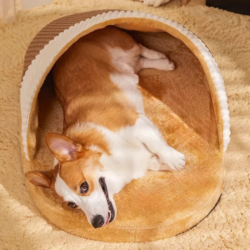 Blue foldable dog nest sleeping bag with removable fleece lining, shown unfolded on a floor.