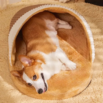 Blue foldable dog nest sleeping bag with removable fleece lining, shown unfolded on a floor.